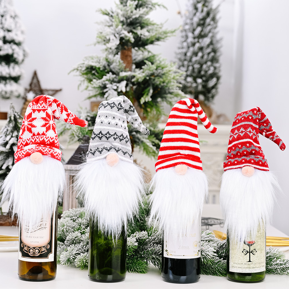 新款圣诞装饰品针织帽森林老人酒套无脸娃娃酒盖酒瓶装饰