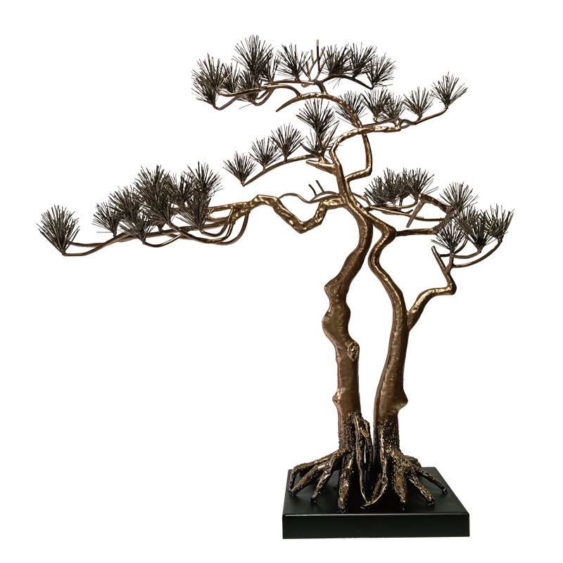 中式迎客松铁艺摆件客厅玄关过道落地金属摆件酒店松树雕塑装饰品