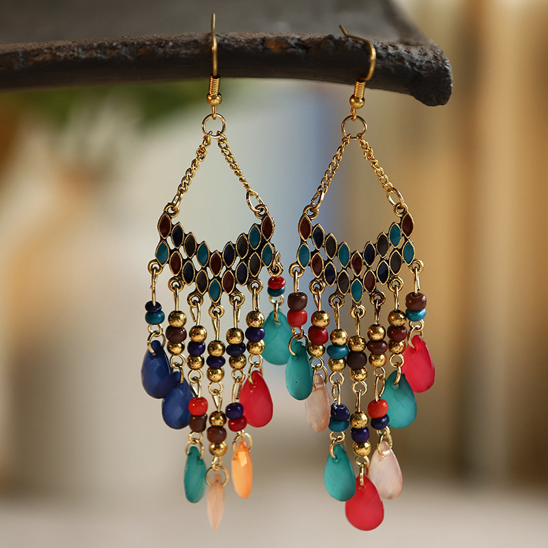 Korean Earrings Cross-Border Fan-Shaped Tassel Earrings Fashion European and American Style Contrast Color Water Drop Long Ear Stud Bohemian Ornament