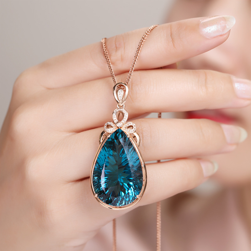 新品大水滴形仿真彩蓝满钻彩宝镀18k玫瑰金色吊坠女 气质首饰品