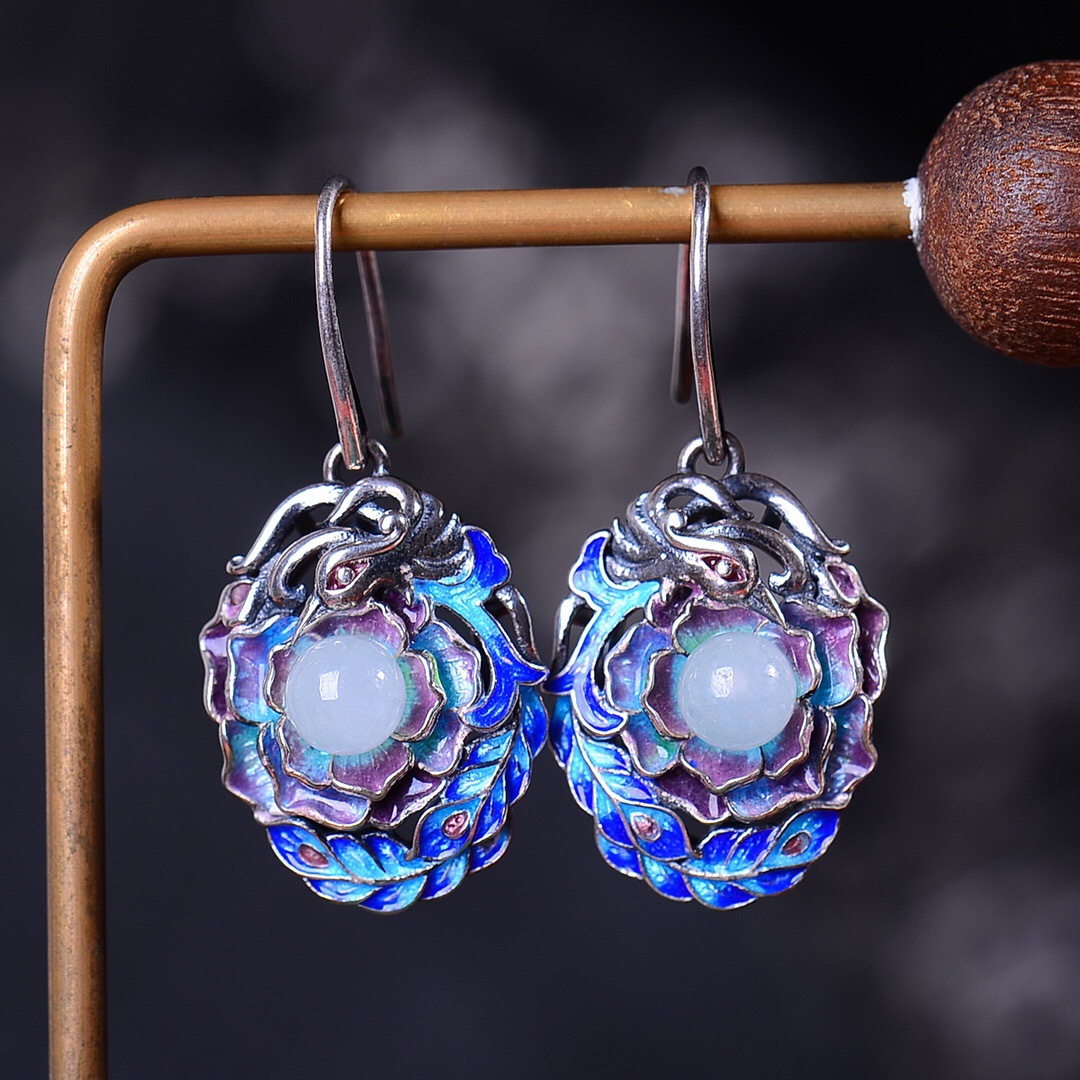 s925银景泰蓝耳环凤凰花镶和田玉耳坠民族风复古个性高档气质耳饰