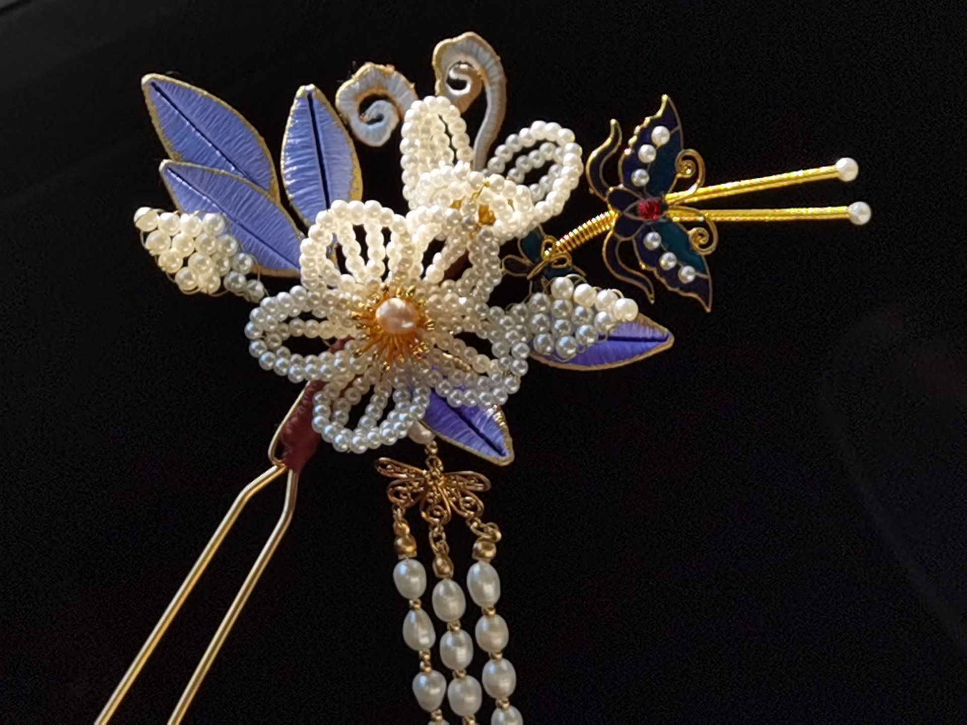 原创缉珠仿点翠金边真丝缠花流苏头饰发簪汉服簪子古风旗袍发饰