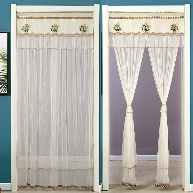 夏季蕾丝门帘双层纱帘防蚊免打孔魔术贴网红帘 厂家批发 一件代发