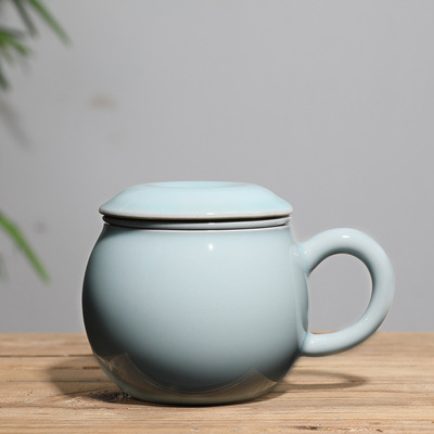 陶瓷泡茶杯五大名窑带盖过滤办公杯汝窑哥窑开片茶水分离马克杯子