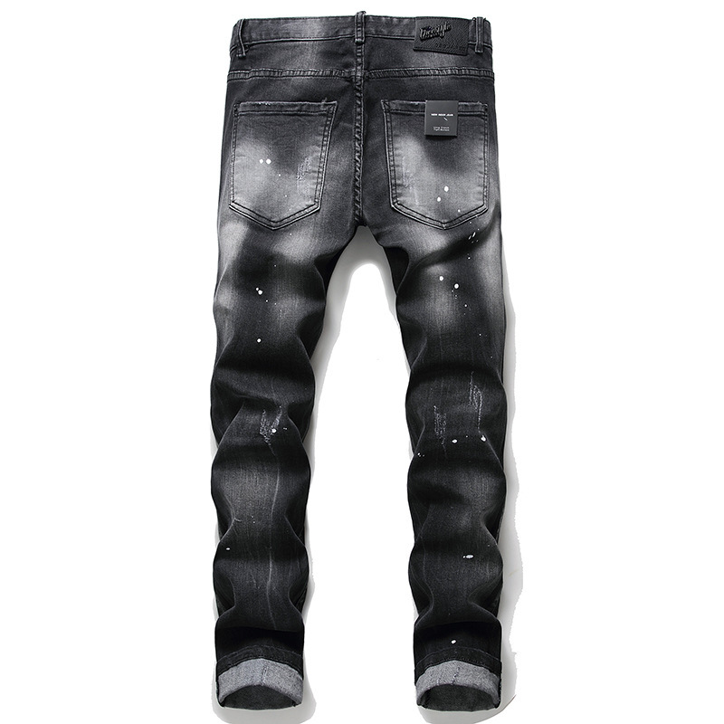 Exclusive for Cross-Border Black Paint Ripped Wild European and American Version Zipper Decorations Personality New Jeans Male D2