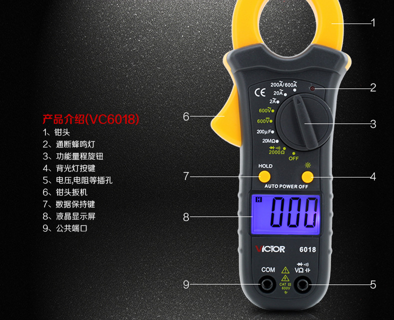 胜利仪器钳形万用表vc6017 袖珍钳形表数字电流表 0.01a-500a