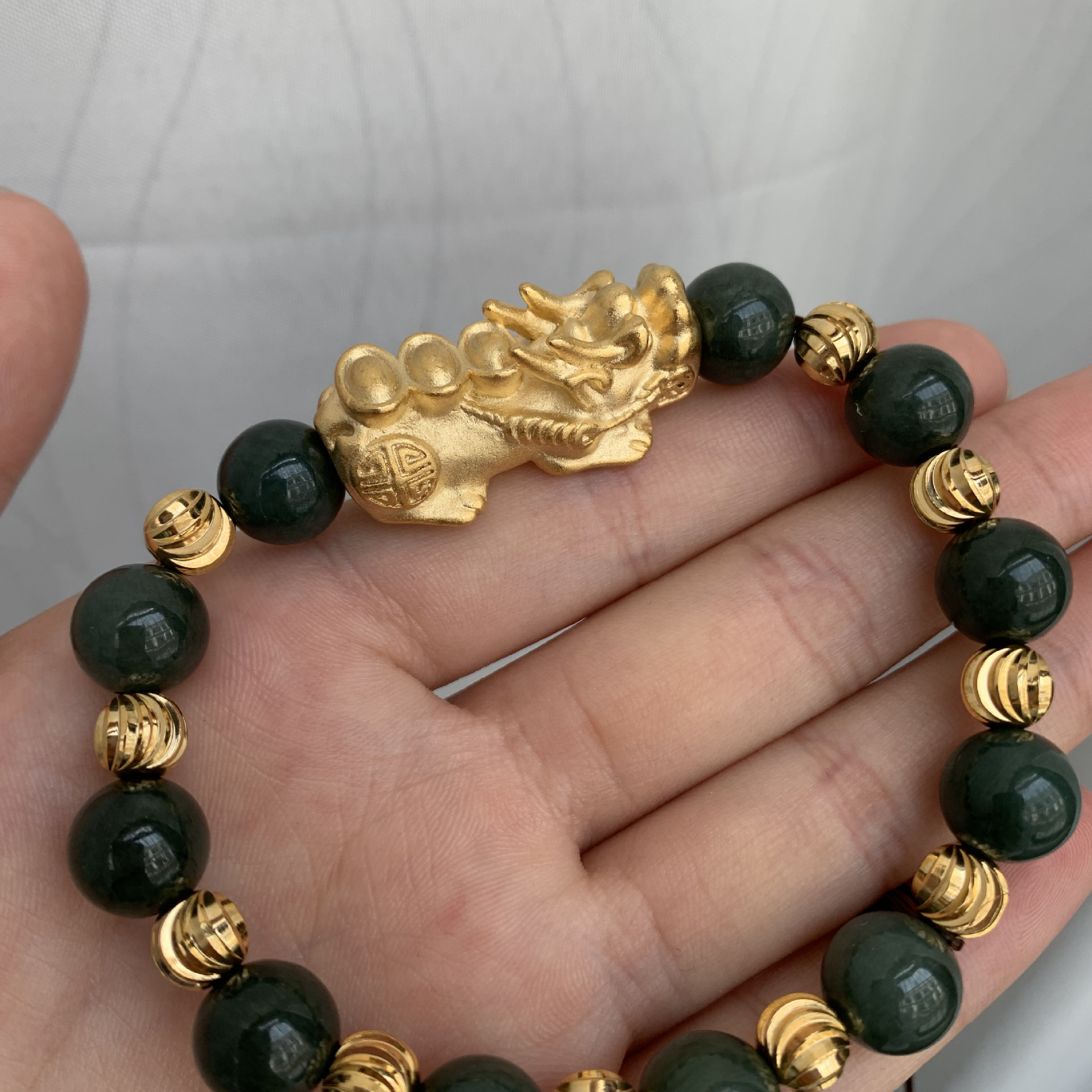 缅甸翡翠 油青圆珠手链 沙金霸王貔貅玉石手串男女款 送礼佳品