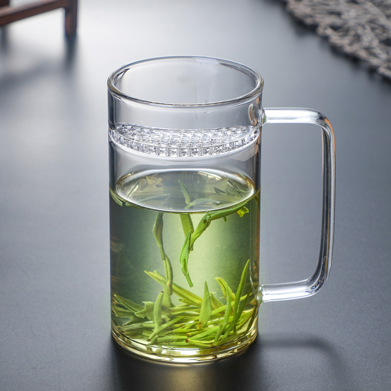 厂家批发月牙绿茶玻璃杯 耐热办公家用带把透明自过滤单层泡茶杯