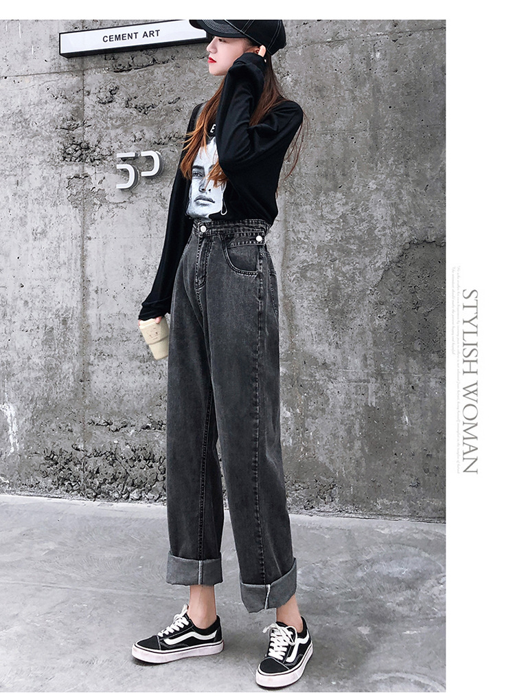 2020秋季新款花苞松紧腰宽松直筒牛仔裤女women jeans