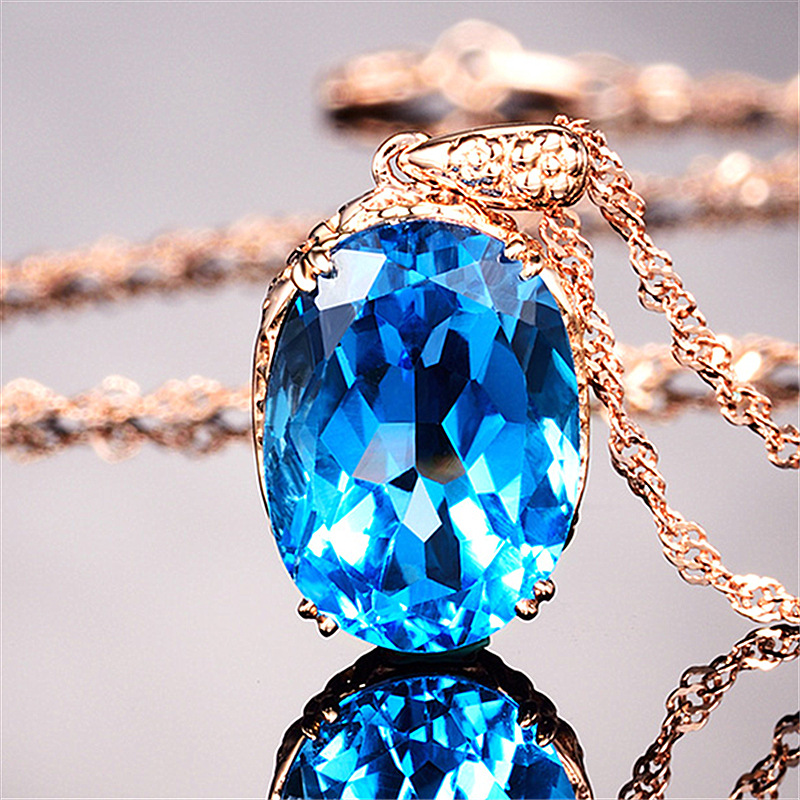 热卖韩版椭圆钻花纹吊坠 镀18k金托帕石吊坠瑞士钻蓝彩色宝石吊坠