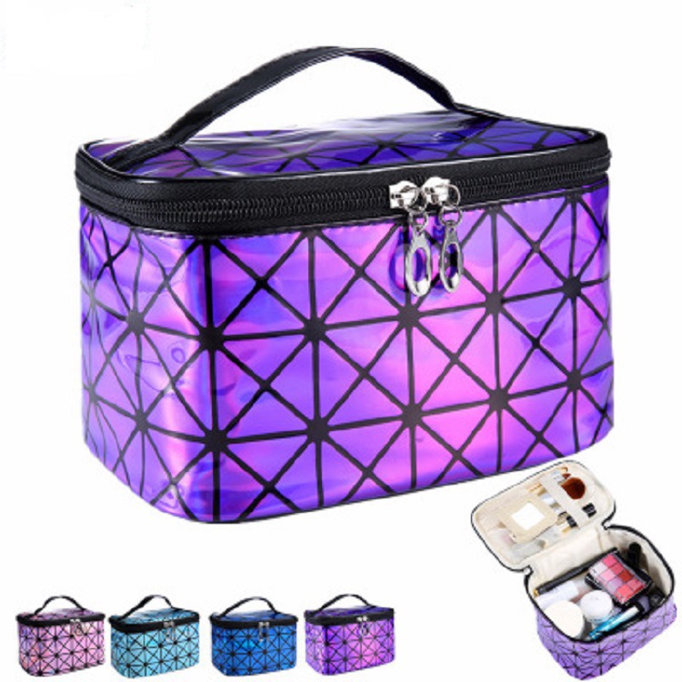 European and American Fashion Rhombus 3D Laser Pu Folding Cosmetic Bag Portable Travel Handbag Waterproof Storage Toiletry Bag