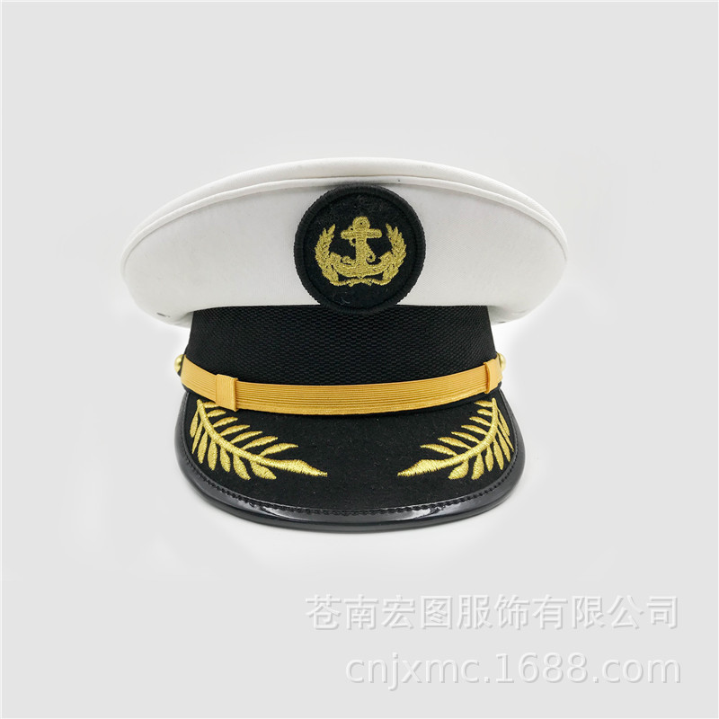 批发白色海事大盖帽仿毛船长船员大沿帽定制舞台演出制服大檐帽子
