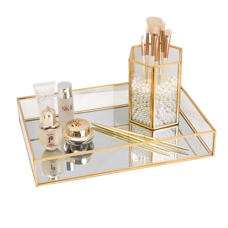 Ins Style Glass Storage Tray Golden Copper Edge Jewelry Plate Nordic Decoration Tray Desktop Finishing Storage Box