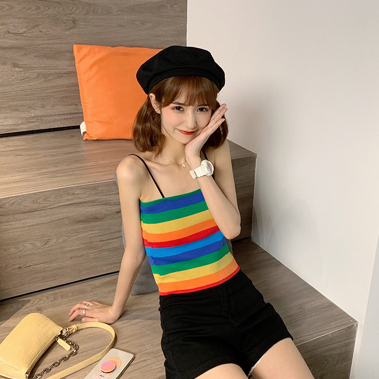 网红泫雅小吊带上衣夏外穿ins潮彩虹条纹针织小背心无袖内搭打底