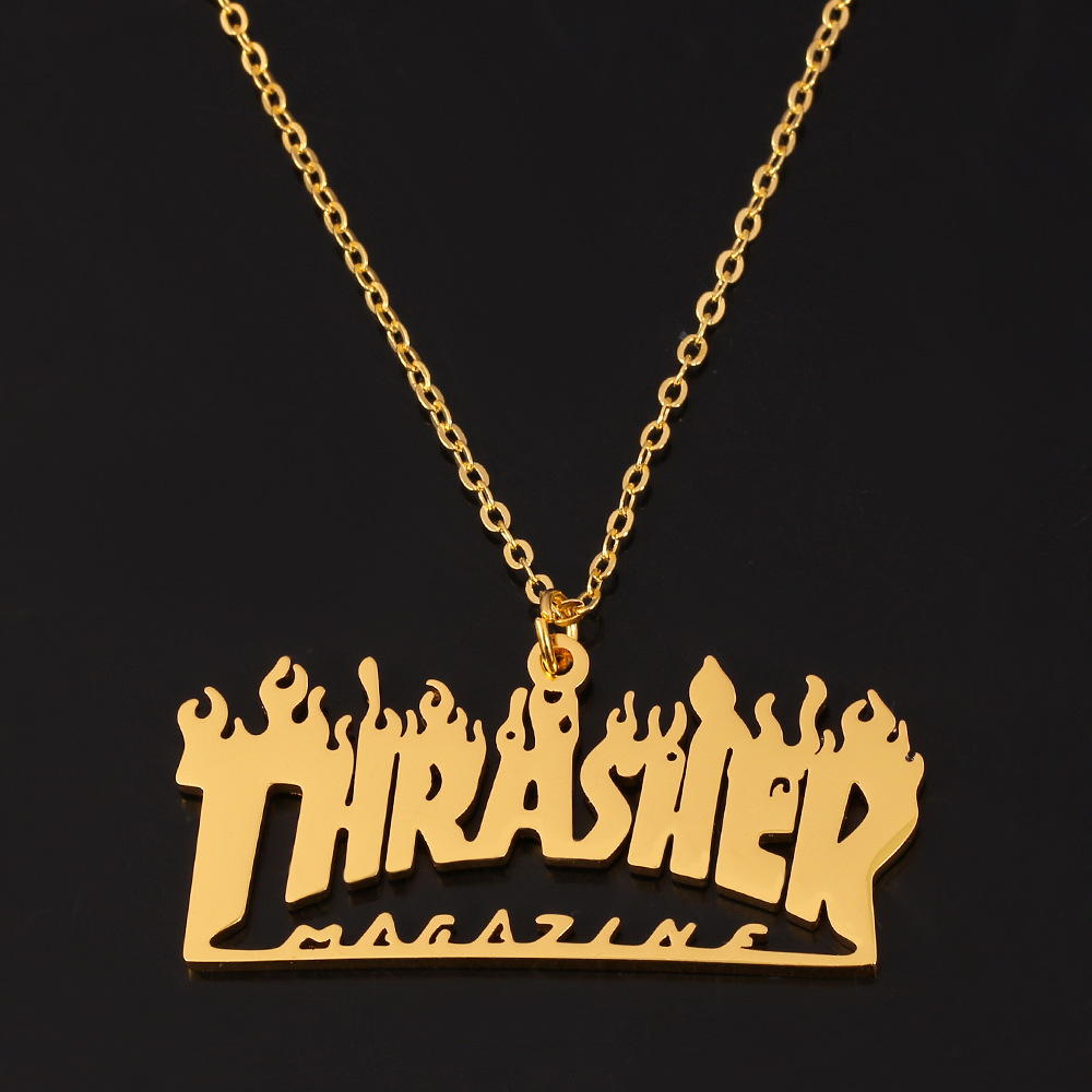 欧美潮牌thrasher火焰项链嘻哈个性土酷火焰字母潮牌联名吊坠