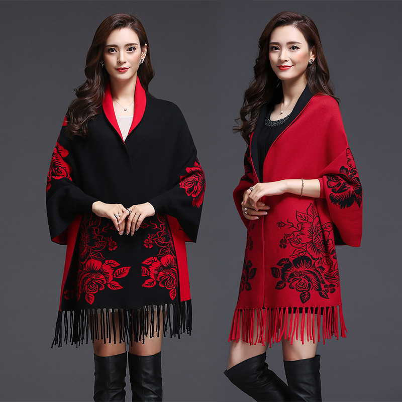 factory direct autumn tassel jacquard cheongsam shawl female cross-border hot sale winter floral warm sleeve shawl cape