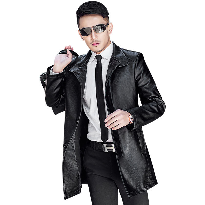 皮衣男加绒皮夹克商务风衣中长款男修身帅气皮大衣外套