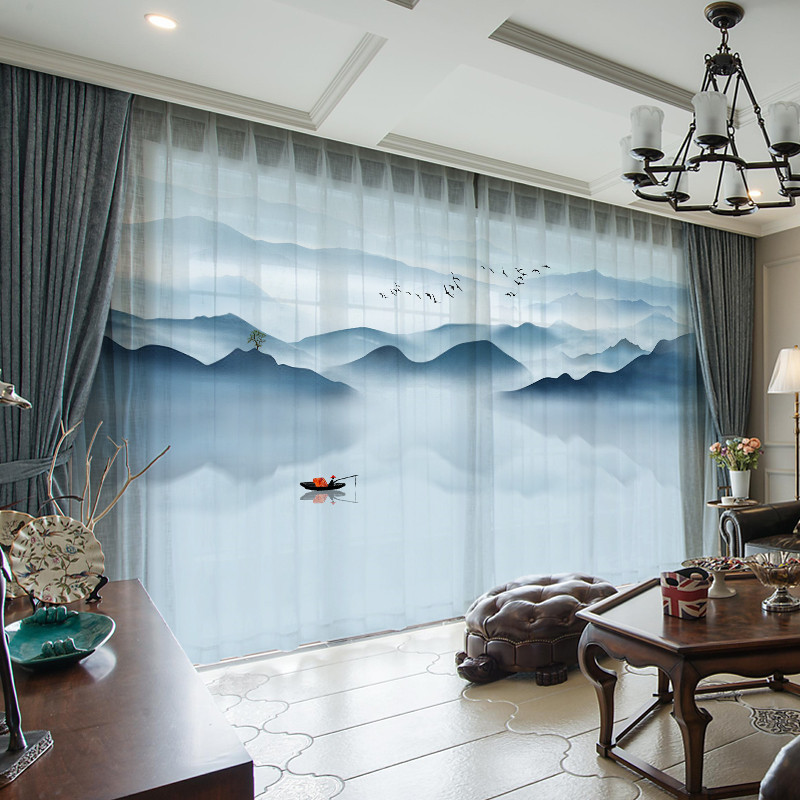 新中式雪纺纱水墨画窗纱中国风山水画茶楼书房数码印花成品窗帘