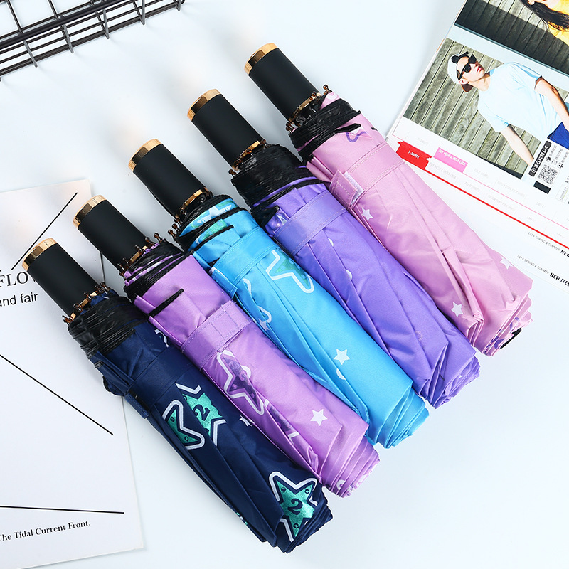 Korean Creative Tri-Fold Folding Umbrella Vinyl Sun Umbrella Advertising Umbrella Logo Gift Star Umbrella in Stock