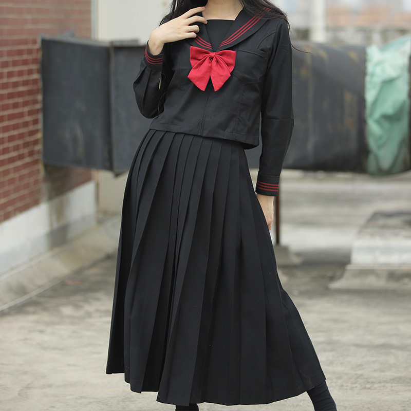黑色赤三本正统jk制服不良长裙中间服基础款水手服日系校服女套装