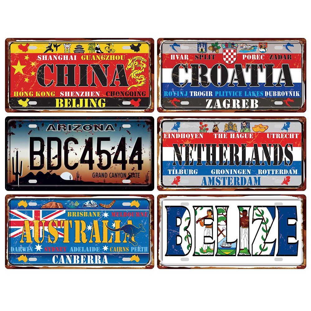 莫拉彩复古车牌装饰画美式欧式国家马口铁数字现货加工定制工厂