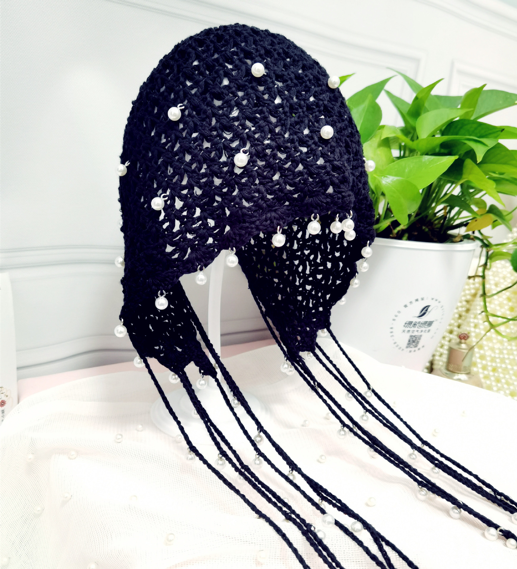 网红珍珠帽女神民族特色针织帽流苏网兜波西米亚风毛线棉帽摄影装