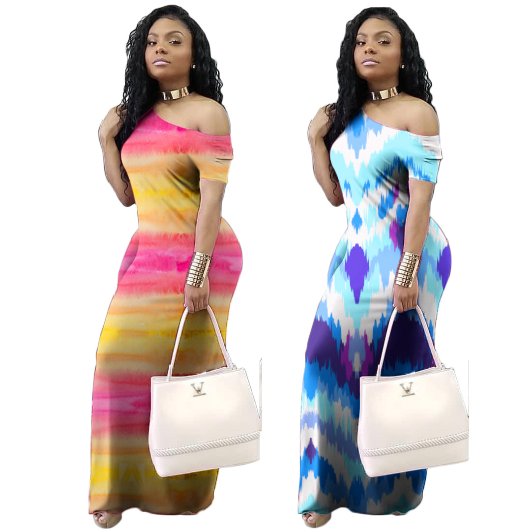 a6065 跨境女装独立站ebay亚马逊欧美休闲时尚斜肩渐变多色连衣裙