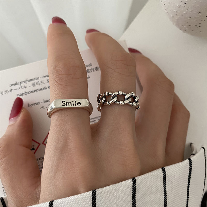 Smile Fashion Chain Index Finger Ring Female Ins Open Cross-Border Retro Simple Jewelry Cold Style Wholesale Accessories