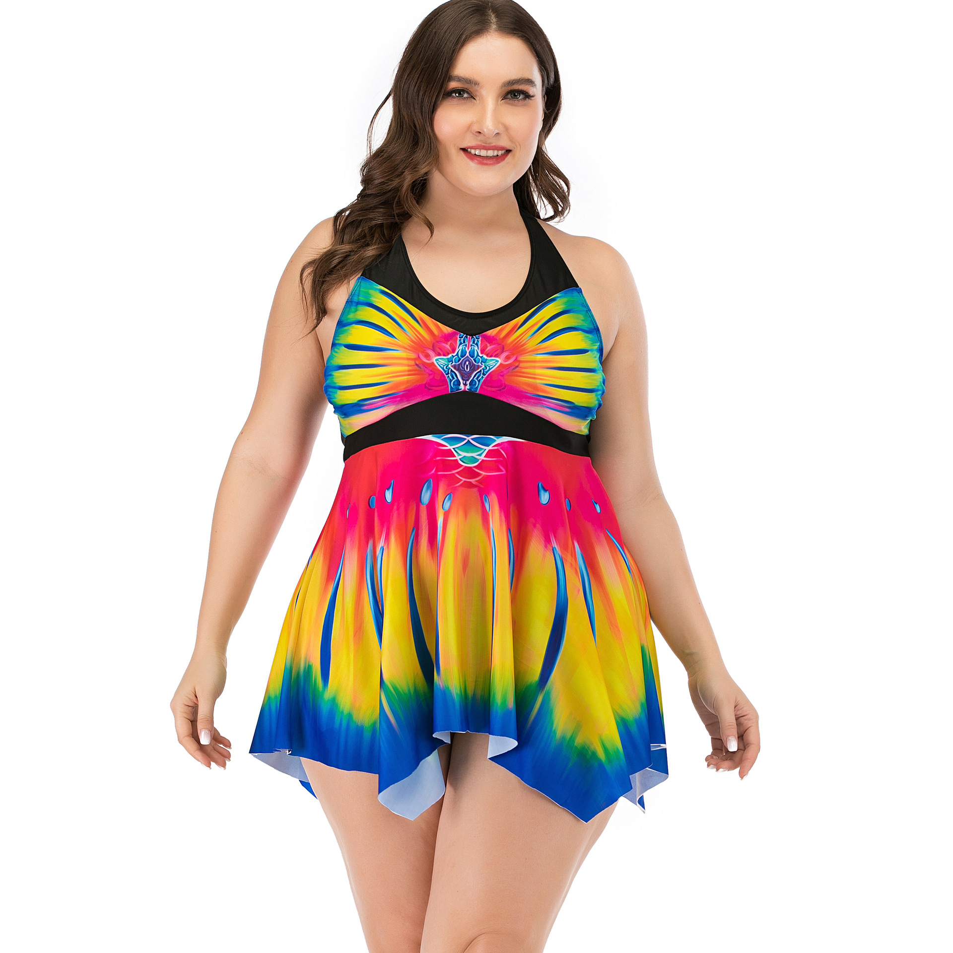 2020新款彩色可混批加肥加大码裙式分体女三点式泳衣欧美肥婆泳装