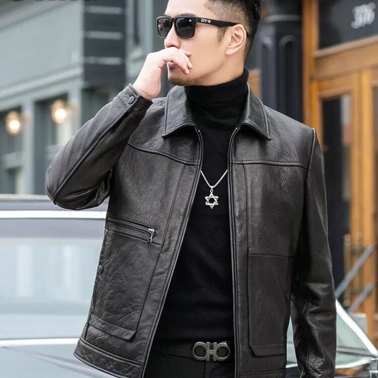 秋冬新款海宁真皮皮衣男士头层小羊皮机车短款翻领皮夹克休闲外套