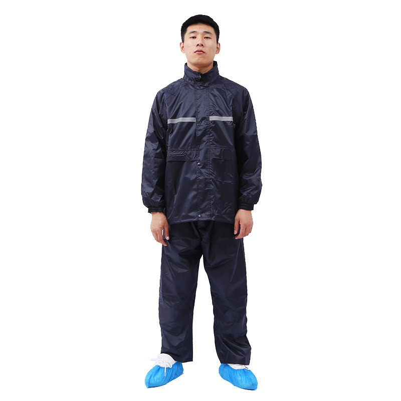 3520分解雨衣藏青前后反光条尼龙绸双层防雨套装带帽分身式雨衣