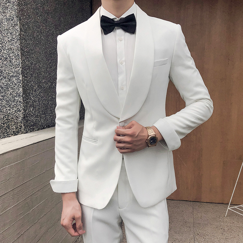 秋季款男式白色晚礼服西装两件套 一粒扣大翻领男生婚宴洋服套装