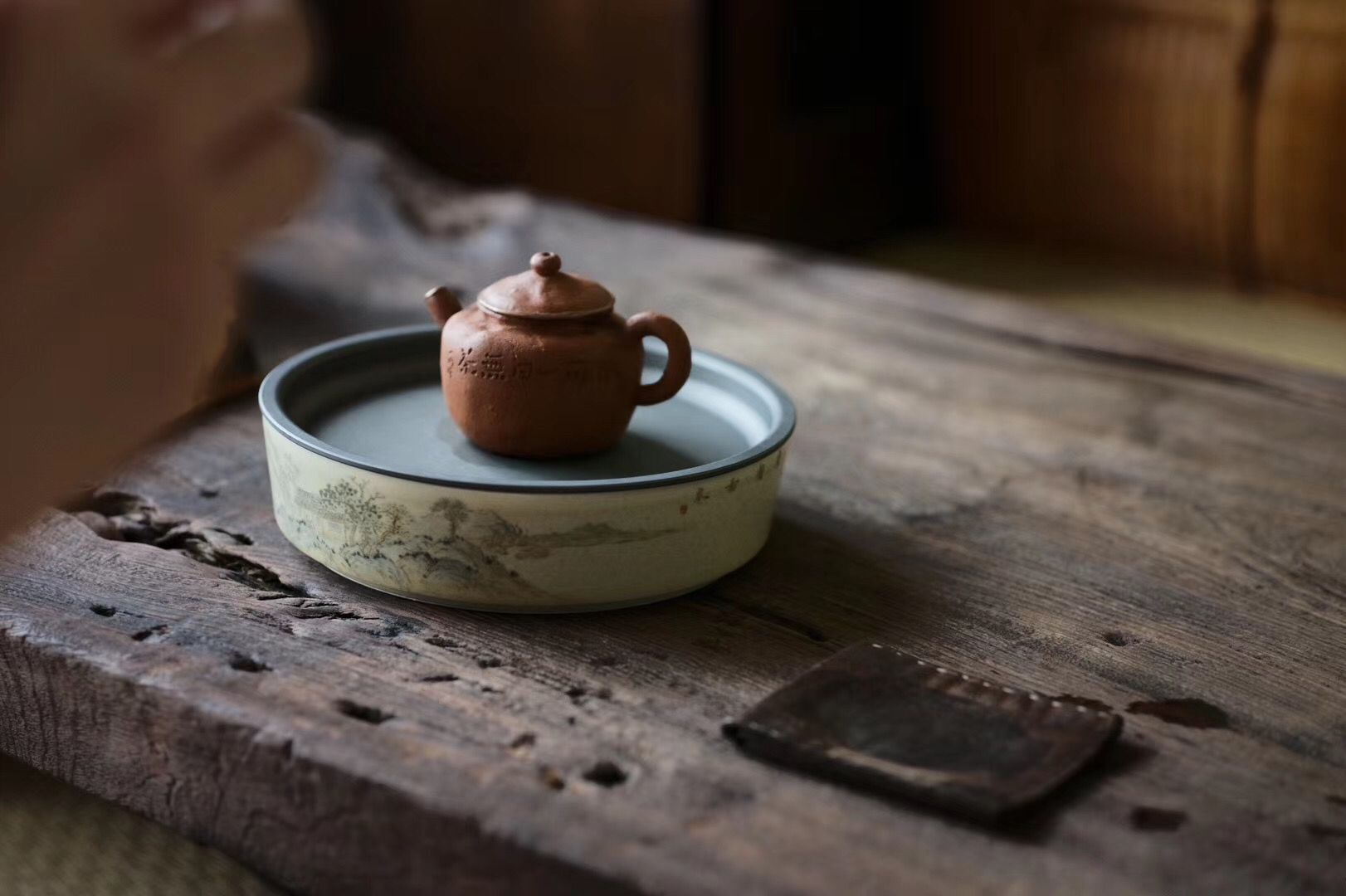 景德镇云由山坊手作陶泥锡盖壶承 手绘宋意山水干泡台 蓄水壶托