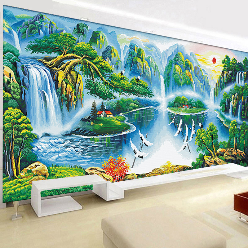 流水生财聚宝盆十字绣山水画中式手工画满绣大幅客厅2020新款线绣