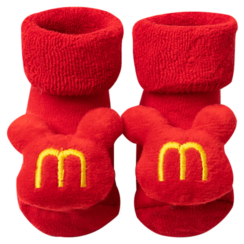 Newborn Baby Winter Big Red Terry Non-Slip Floor Socks Baby Cartoon Doll Middle Tube Christmas Stockings Not Feel Tight with Feet