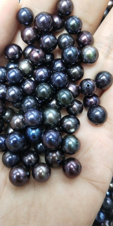 淡水珍珠染色珍珠7.5-8mm圆珍珠黑色亮裸珠半孔
