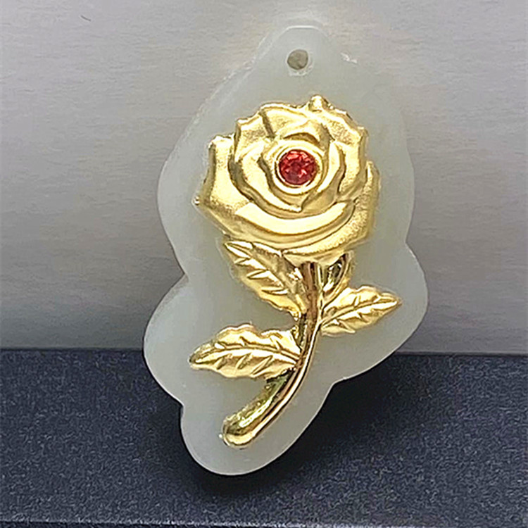 新款金镶玉4d足金和田玉吊坠立体玫瑰花项坠情人节金店直播批发