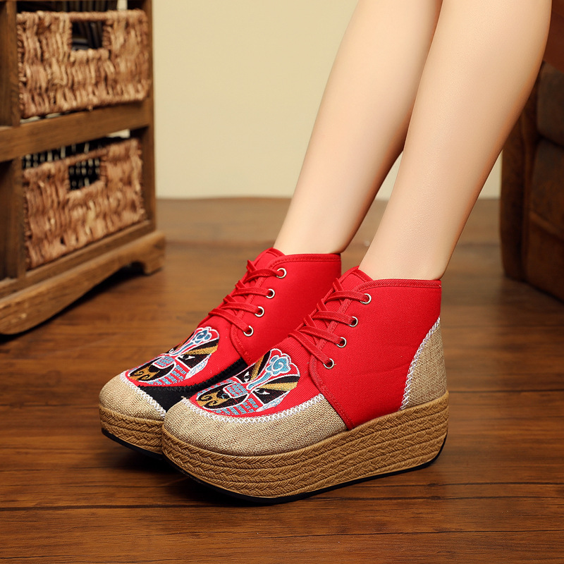 汉诺依亚麻边帆布民族风女鞋子休闲女士短靴冬季厚底圆头绣花鞋