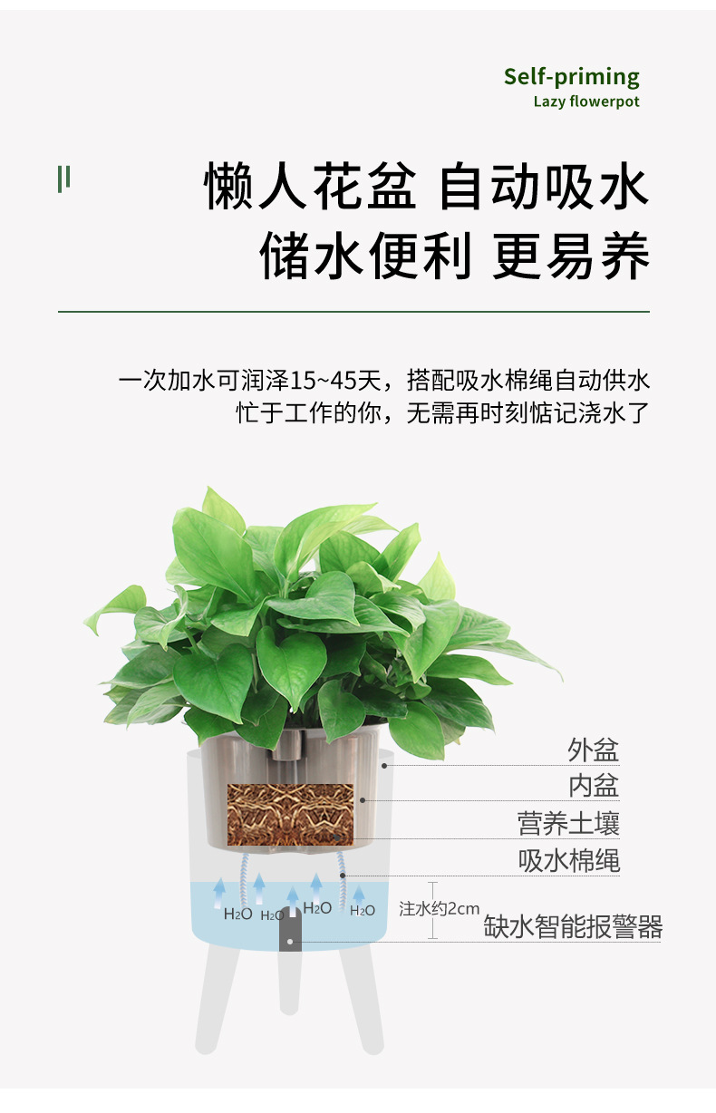 厂家批发智能花盆水位警报自吸水盆室内绿萝落地大号塑料懒人花盆