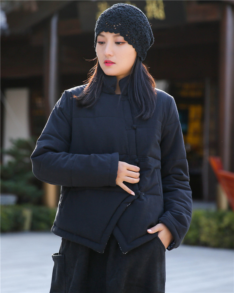 2021 冬棉麻女装新品念百秀纺复古国风盘扣加棉短款立领棉服棉衣