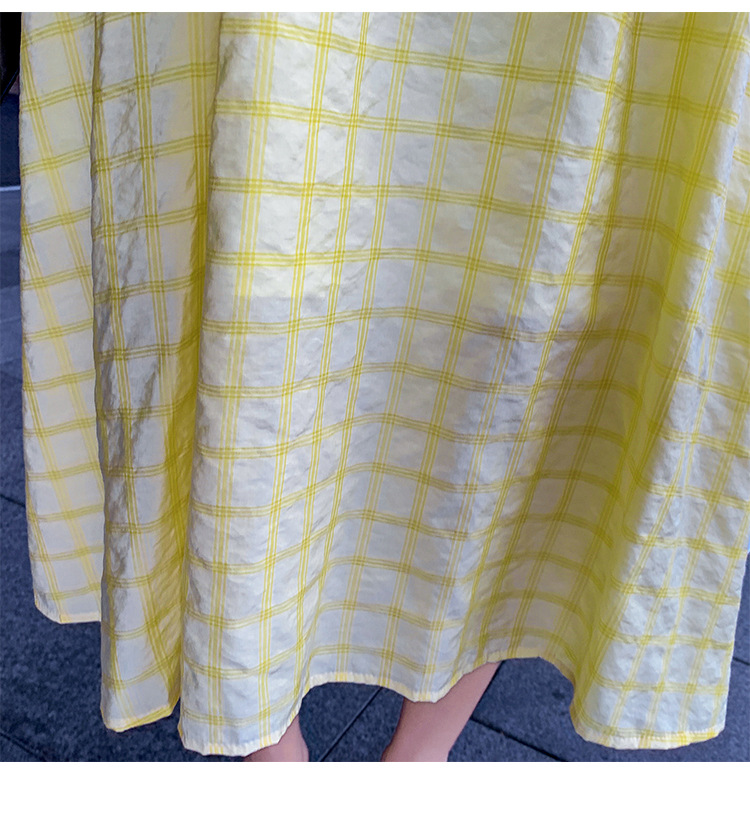 2020淡奶黄色格子连衣裙女中长款夏季新款a字收腰显瘦长裙