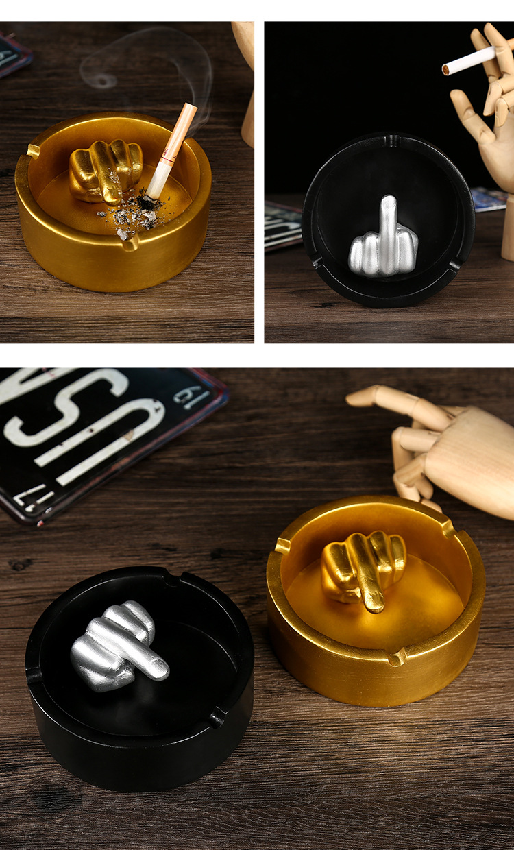 法克手指烟灰缸中指黑色金色烟灰缸树脂摆件送同事送长辈个性礼物