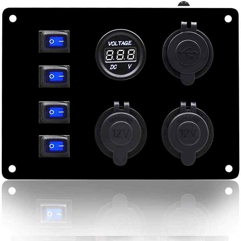 4组摇杆开关面板带双usb插座双点烟打火机电压计1224v防水蓝色