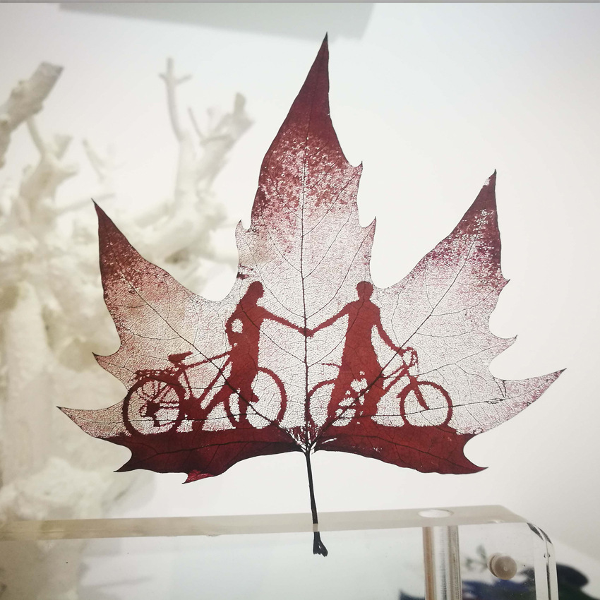 叶雕定制diy古风叶脉画古典情侣单车情人节礼物民间技艺非遗文创