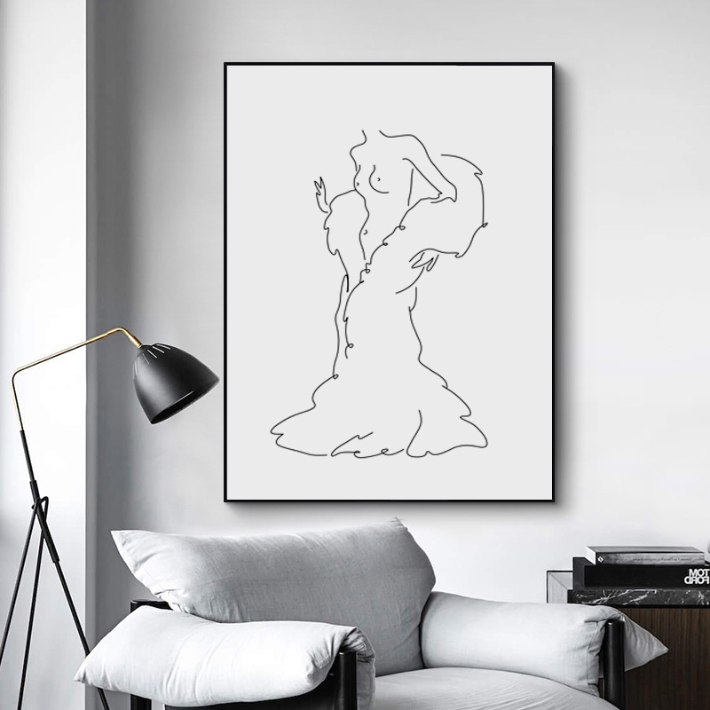 北欧简约黑白抽象线条人物情侣女孩线描手稿海报装饰画装饰画芯
