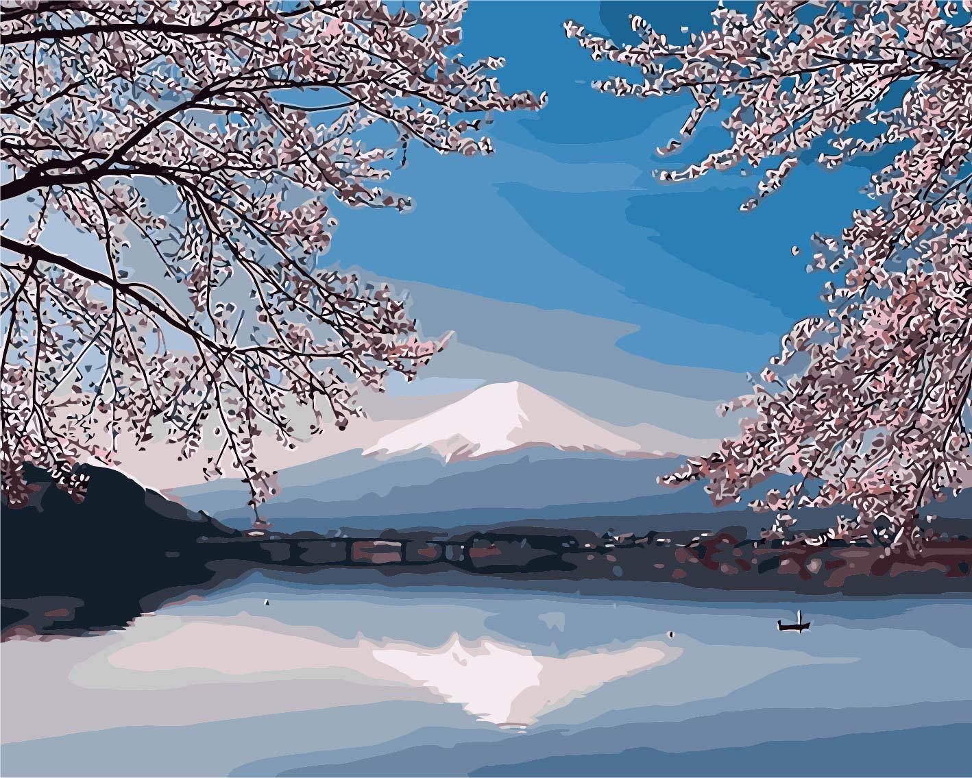 厂家批发40*50无框数字油画diy客厅风景富士山樱花自绘填色装饰画