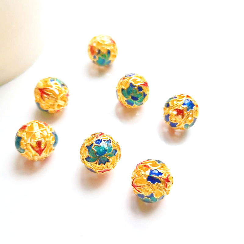 厂家直销铜镀金仿古法烧蓝景泰蓝珐琅彩镂空莲花隔珠diy手串扇坠