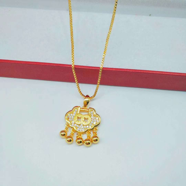 跨境爆款镀金微镶宫廷锁铃铛吊坠黄铜电镀仿金首饰品女士项坠批发