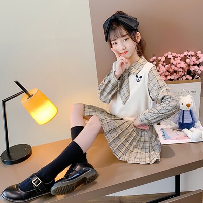 女童秋季马甲连衣裙两件套2020新款洋气小学生衣服学院风格子套装