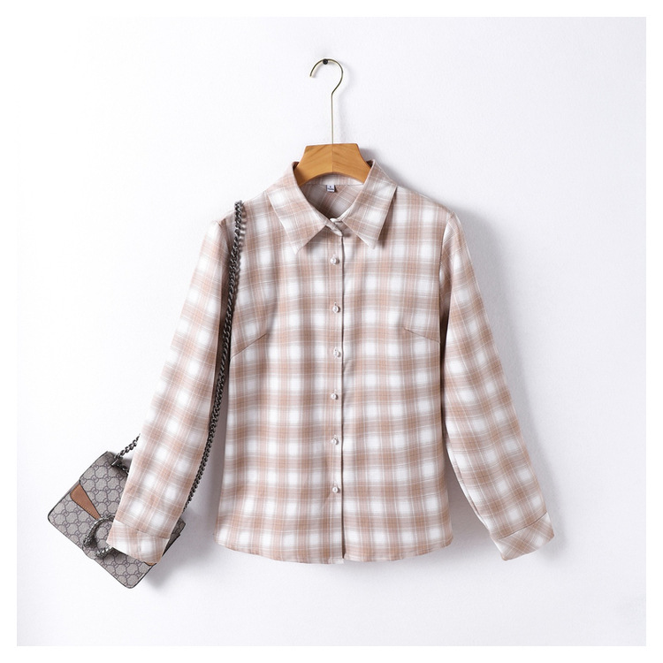 浅绿色格子衬衫女长袖休闲复古港味方领上衣2020春秋新款韩货衬衣